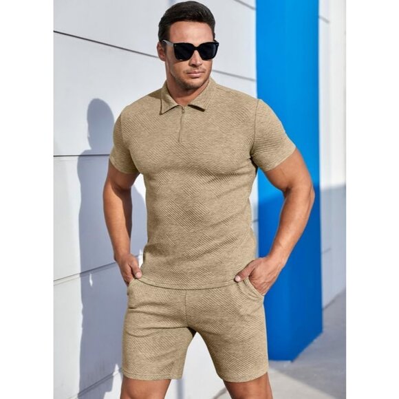 Men Brown Polo Geometric Texture Casual Shirt & Shorts Set Outfits Sweat Suits - Picture 3 of 9
